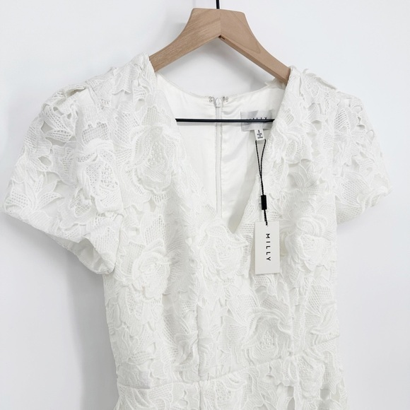NEW Milly Atalie 3D Floral Lace Dress V-Neck Puff Sleeve in White Women's 0 - Picture 4 of 11